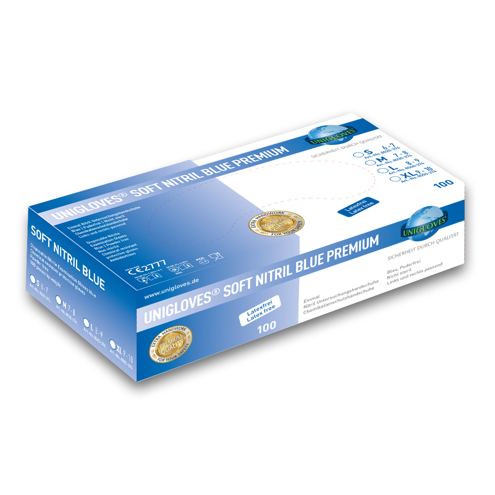 Unigloves Nitrilhandschuhe SOFT NITRIL BLUE Premium  vers. Größen S-XL 100 St./Box