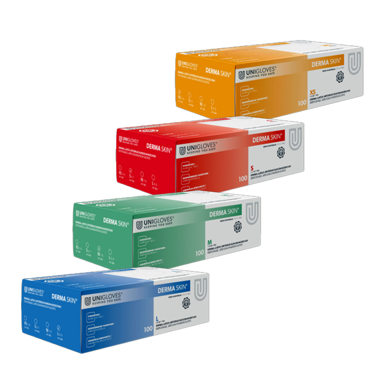 Unigloves Latexhandschuhe DERMA SKIN  vers. Größen XS-L 100 Stück/Box